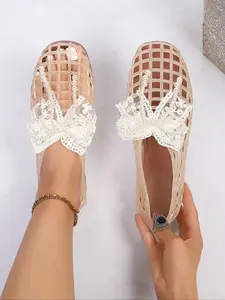 Women's Transparent Hollow-Out Shoes, Bowknot Decorated Mesh Comfort Fashion Single Shoe, Summer Breathable Cool Boots, Slip On Shoes