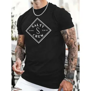 Men's Casual Cotton T-Shirt, Crew Neck, Regular Fit, with "SALTY CREW" Diamond Print, Durable & Bright Summer Knit Fabric Top, Versatile Tshirt|Trendy Graphic Tee|Cotton Knit Shirt