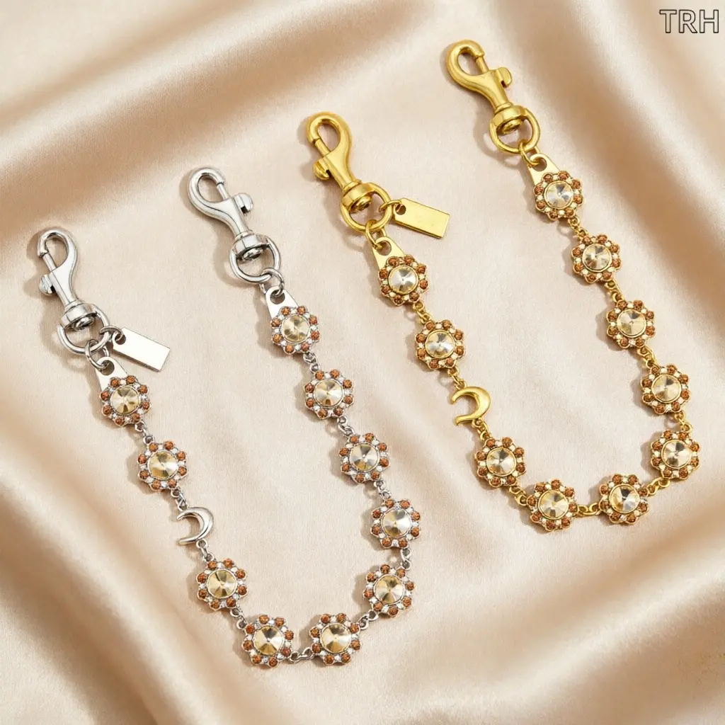 Vintage Crystal Flower Bag Chain, Gold/Silver Tone Purse Extender Strap, Decorative Shoulder Bag Charm Chain, Ins Style Crossbody Bag Accessory for Women