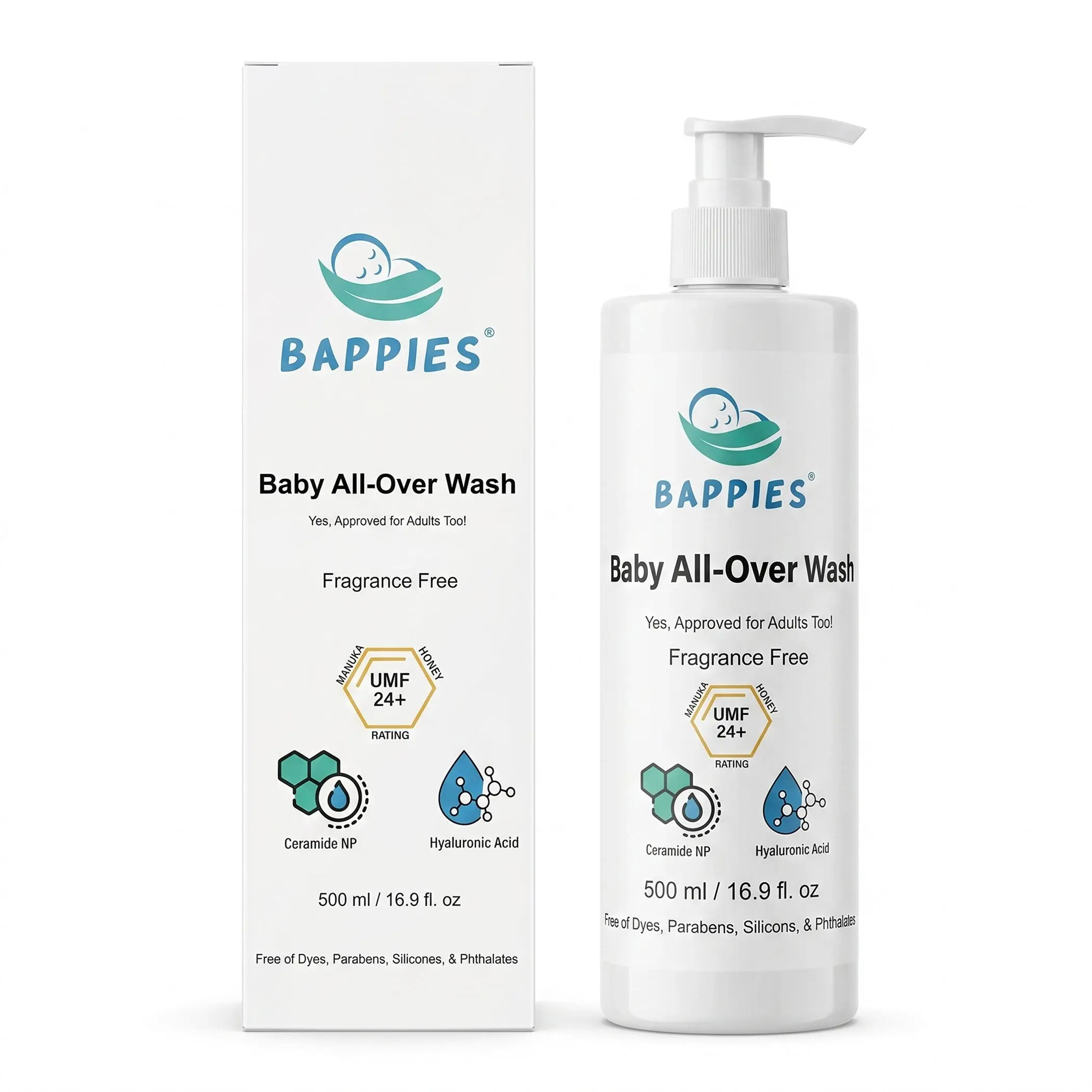 Bappies Fragrance-Free Baby Wash & Shampoo for Sensitive Skin - Gentle Daily Tear-Free Cleanser with Manuka Honey, Hyaluronic Acid, HSA/FSA Eligible