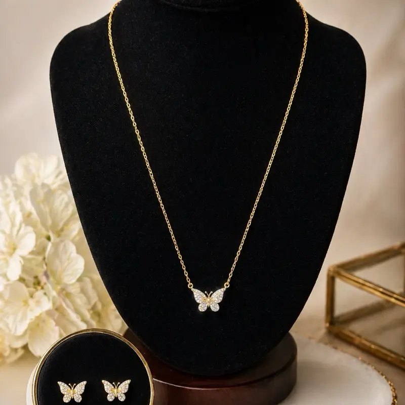 128 Butterfly Necklace & Earrings Set 14K Laminated – Crystal Shine Daily Wear