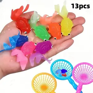 13-Piece Floating Simulation Soft Rubber Goldfish Toys Set, Interactive Playset, Includes 3 Fish Net Pouches, Fishing Nets, Indoor & Outdoor Water Games, Party Decorations, Pool Float