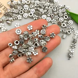 120pcs Flower Series Multi-style Alloy Beaded Large Hole,  Antique Silvery Small Hole Spacing Beads Mixed Diy Bracelet Necklace Decorative Beads Loose Bead Jewelry Production Parts