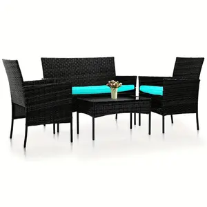 4 Pieces Patio Furniture Sets Outdoor Wicker Sofa & 2 Rattan Chair & Tea Table Garden Conversation Sets for Yard Porch Poolside or Backyard