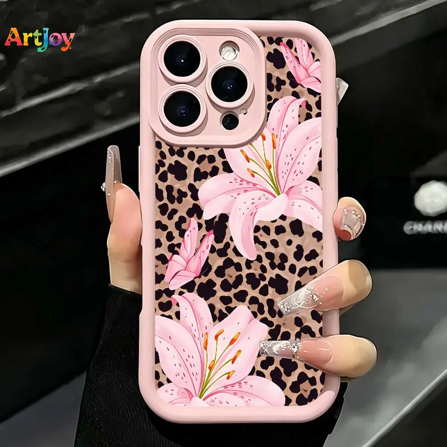 Soft Silicone TPU Casing with Brown Leopard & Pink Lily Print - Camera Protection Phone Case for iPhone 17 Pro Max,16,15,14,13 & Galaxy S25,S24,S23,S22,S21 PLUS/FE/Ultra,Galaxy A33 - Ideal Birthday & Holiday Gift Accessory