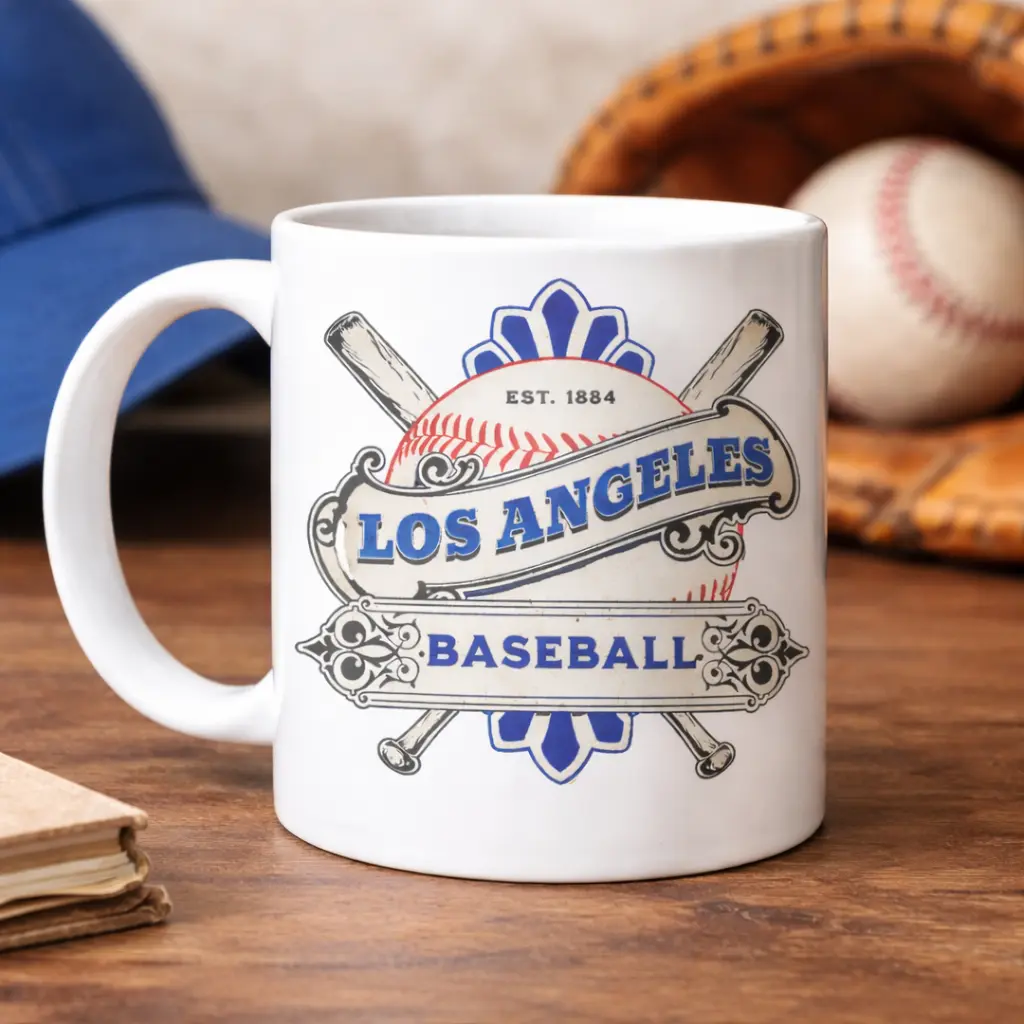 LosAngelesBaseball Vintage Mug, Retro Sports Coffee Cup with Classic Bat & Ball Design, Outdoor Fan Gift, Game Day Drinkware for Baseball Lovers and Collectors