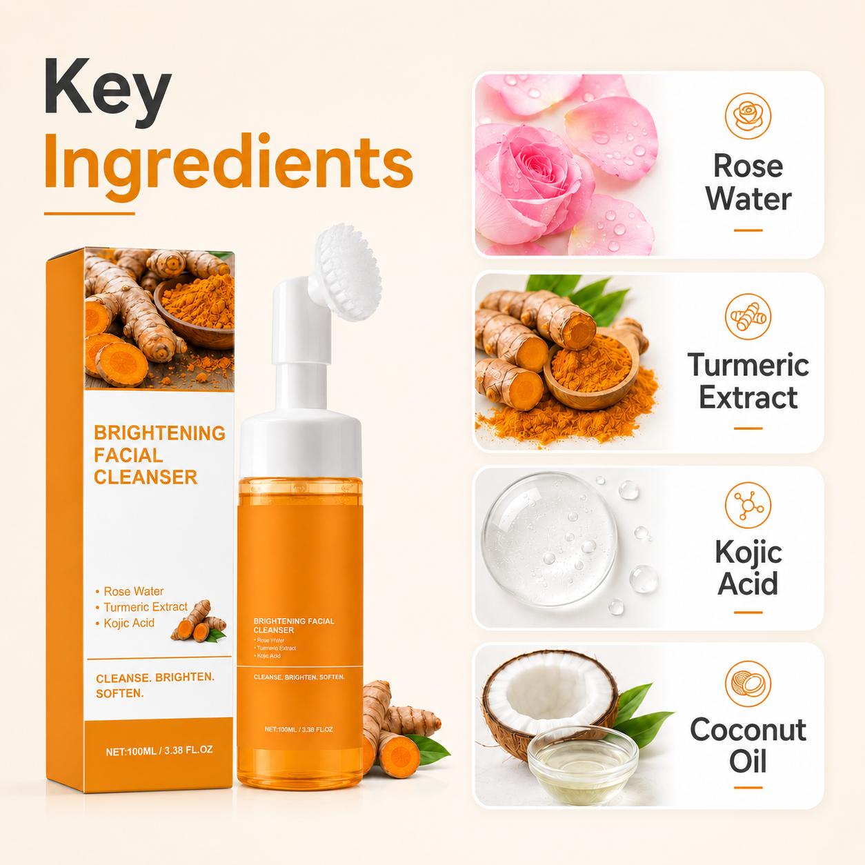 Turmeric & Kojic Acid Foaming Facial Cleanser (100ml) with Built-In Silicone Brush, Gentle Brightening Foamy Foam Face Wash with Turmeric Blend, Rose Water for All Skin Types, Daily Use & Freshness