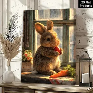 2D Flat, 2D Flat, 2D Flat Framed Canvas Painting Poster |   Easter Rabbit with Egg by Window, Perfect for Wall Decor Art, Room Decoration, Living Room, Winter Spring, Bathroom, Valentine'S Day Decorations and Gifts, Reusable Art Deco Style, Frame	