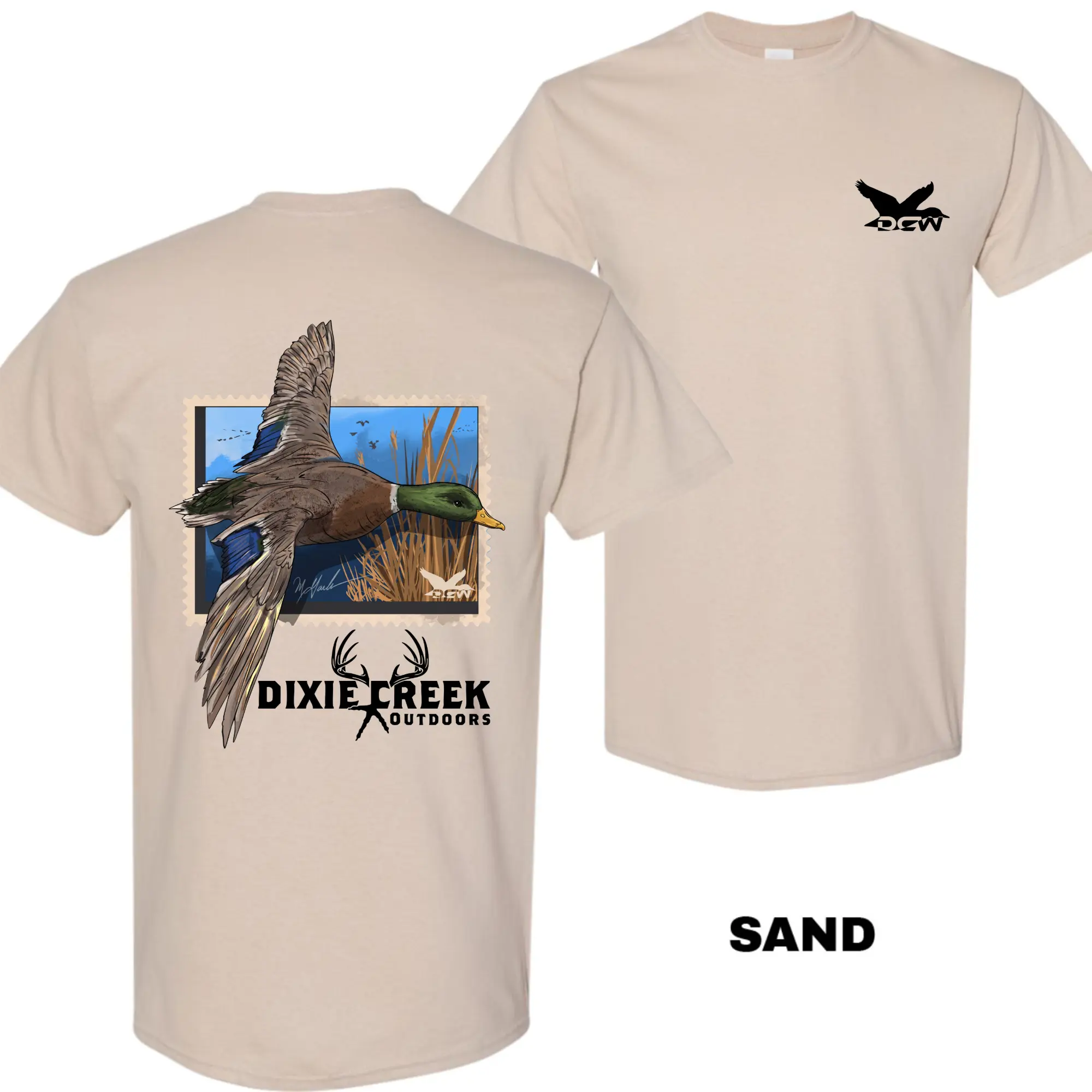 Dixie Creek Flying Mallard Duck Hunting T-Shirt, Double-Sided Waterfowl Graphic Tee, Hunting Season Unisex Shirt