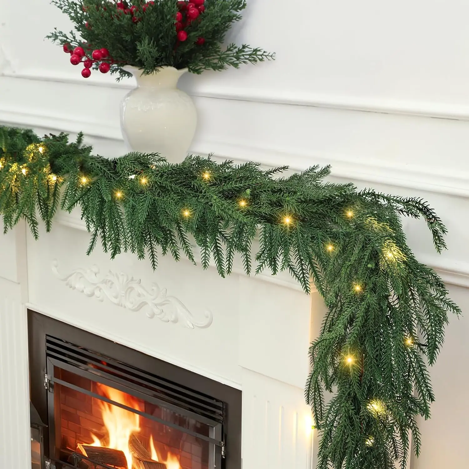 6Ft Christmas Norfolk Pine Garland Artificial Pre-Lit Garland with Lights for Mantle Fireplace Table Stair Real Touch Greenery Decorations DIY for Front Door Wall Window