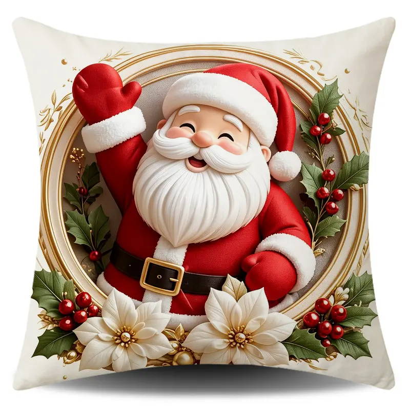 Cute Waving Santa Claus Throw Pillow Cover, 3D Embossed Style Holly Poinsettia Golden Frame Cushion Case, Vintage Farmhouse Christmas Decorative Pillowcase for Sofa Home Decor