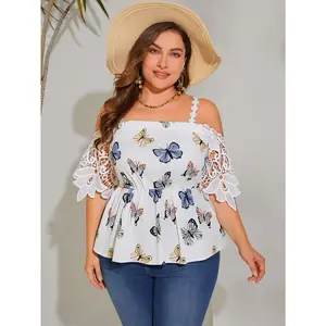 Plus Size Graphic Print Cold Shoulder Peplum Blouse Floral Lace Short Summer Sleeve Shirts Top