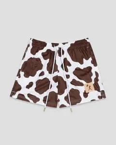 Moo Milk Cow Print Diamond Air Mesh Shorts - Brown