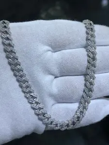 Brand new 14mm handcrafted high-quality white and blue sapphire fully paved iced-out hip-hop rap style luxury high-quality unisex Cuban link jewelry necklace - Easter and Thanksgiving gift for men and women, anniversary gift