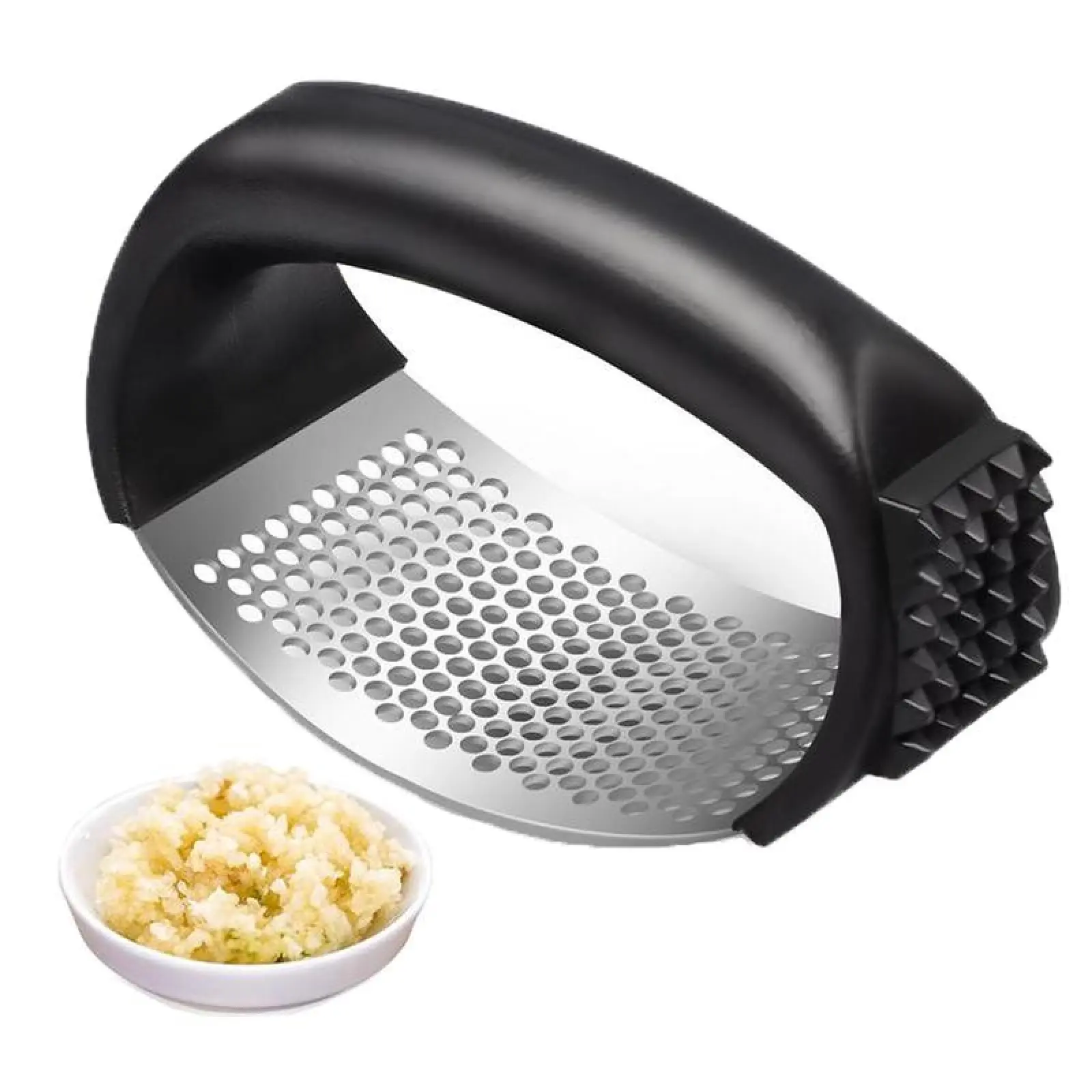 Black Stainless Steel Garlic Press Rocker with Peeling Roller – Manual Kitchen Utensils Crusher & Masher, Non-Slip Handle, Easy-to-Clean, Compact Portable Design for Home Kitchen Preparation, Thoughtful Gift