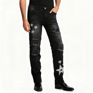Black Friday Limited Edition，Men's Retro Ripped Straight Leg Jeans,Slim Fit Embroidered Long Pants,Fashion Distressed Casual Comfort Denim Vintage  Pants Menswear Trouser Streetwear Motocross Jeans with 5 Pockets（Size28-38）