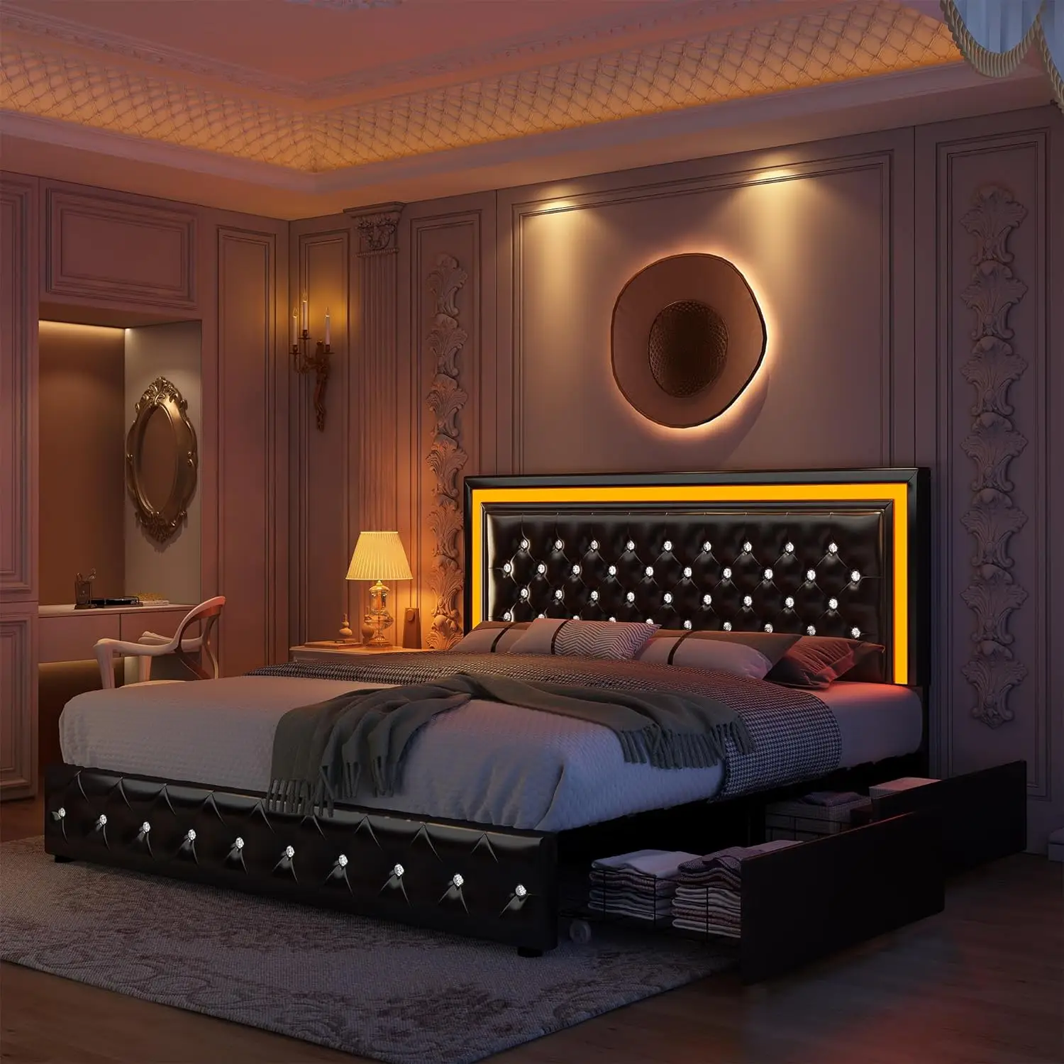 GEGOFORU Queen LED Smart Bed with Adjustable RGBW LED Headboard, 4 Under-Bed Storage Drawers, Whisper-Quiet, light & Music Sync, App & Bluetooth Contr