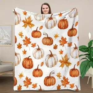 Plush Flannel Blanket - Soft Lightweight & Durable All-Season Couch Bed Throw with White & Orange Pumpkin Leaf Print in Autumn Colors (Brown/Beige/Tan) - Modern Farmhouse Decor for Fall Thanksgiving Halloween Home Decoration - Cozy Plush Fleece Bedspread