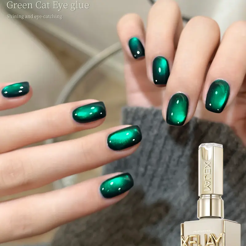 XEIJAYI 1pc 15ml 【TPO&HEMA Free】 Green Cat Eye Gel Nail Polish, Magnetic Shimmer Gel with Reflective Cat Eye Effect, Glossy Finish, Smooth Application, Soak Off Gel for DIY Manicure, Nail Art Design & Salon Use