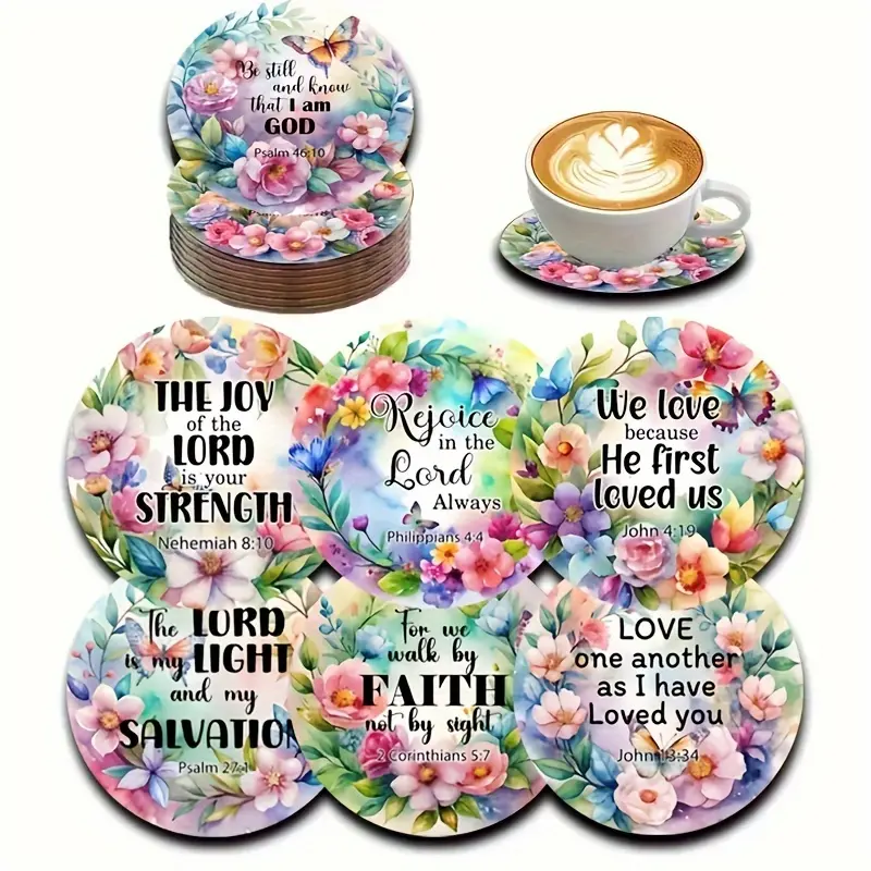 A set of 6 inspiring Bible scripture drink coasters - wooden coasters with heat resistance and slip resistance, perfect for beverages, home decor, and parties - perfect for Christmas, Easter, and Thanksgiving