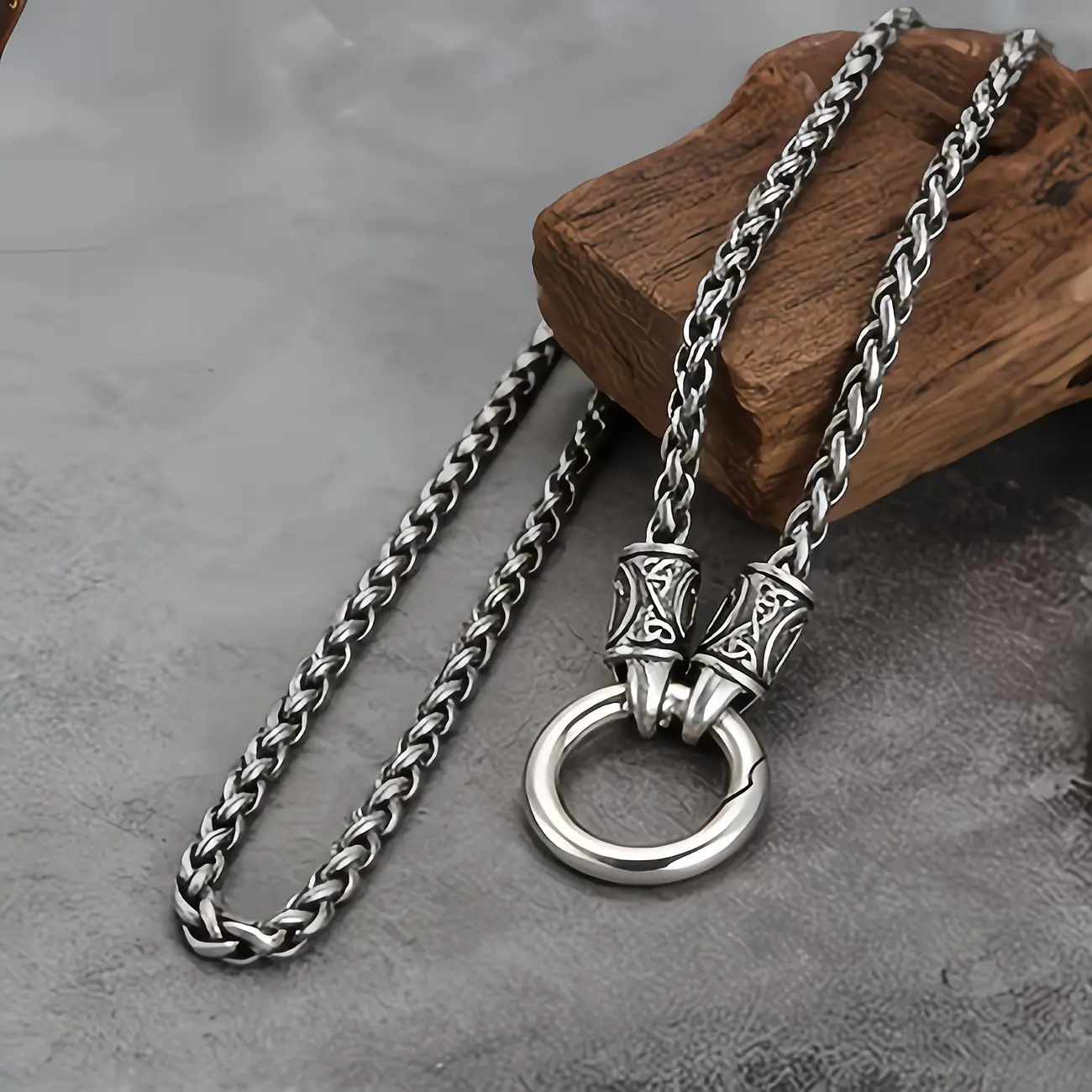 Viking O Ring Necklace for Men - Celtic Knot Engraved Stainless Steel Dragon Scale Chain, Norse Amulet Pendant, Retro Punk Biker Jewelry, Symbol of Strength & Protection, Perfect Gift for Viking Lovers