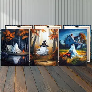 Halloween Ghost Pattern Canvas Painting, 3 Counts/set Wooden Framed Canvas Painting, Wall Art Decor for Home Living Room Bedroom, Halloween Posters