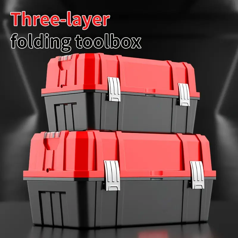OUDISI Heavy Duty Plastic Tool Box, 3-Tier Foldable Organizer Storage Case with Double Secure Latches, Portable Hand Carry Tool Chest for Home DIY, Auto Repair, Workshop & Maintenance