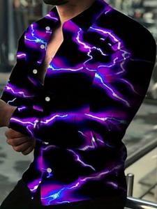 Men's casual fashion lightning print lapel long sleeve shirt, with an artistic purple and blue lightning pattern + unique design, suitable for parties, trendy outings, and creative occasions. Menswear Tops Wetsuit Chainsaw