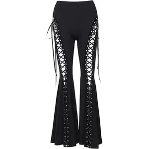 Women’s Bell-Bottom Pants – Gothic Black Lace-Up Cutout Stretch Punk