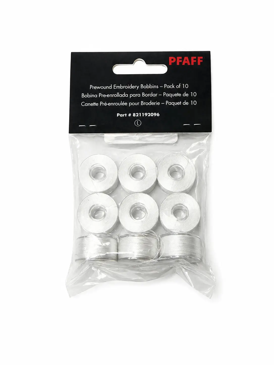Pfaff Prewound Embroidery Bobbins - 10 Pack, White/Black, Fits Creative Icon Series Models, Pre-filled with High-Tenacity Polyester Thread, Tension Control, Dense Stitches, Saves Time, Enhances Everyday Embroidery Work Efficiency