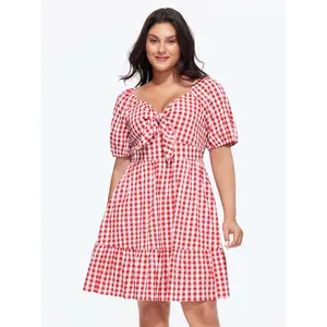 BLOOMCHIC Plus Size Gingham Print Bow Knotted Front Midi Dress [M–6X], 2026 Summer Vibes Swimweek, Women, Polyester