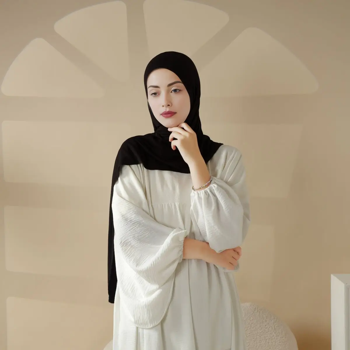 Women Muslim Modesty Chic Solid Color Soft Jersey Hijab Tudung With Basic Headscarf Cap (MH038)