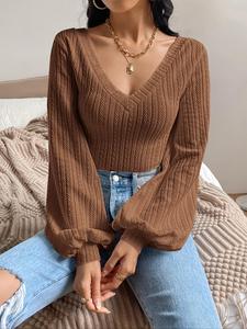 women's plain lantern sleeve v neck tee, fall outfits, elegant casual long sleeve t-shirt for fall, t shirts for women, fashion women's clothing for daily wear