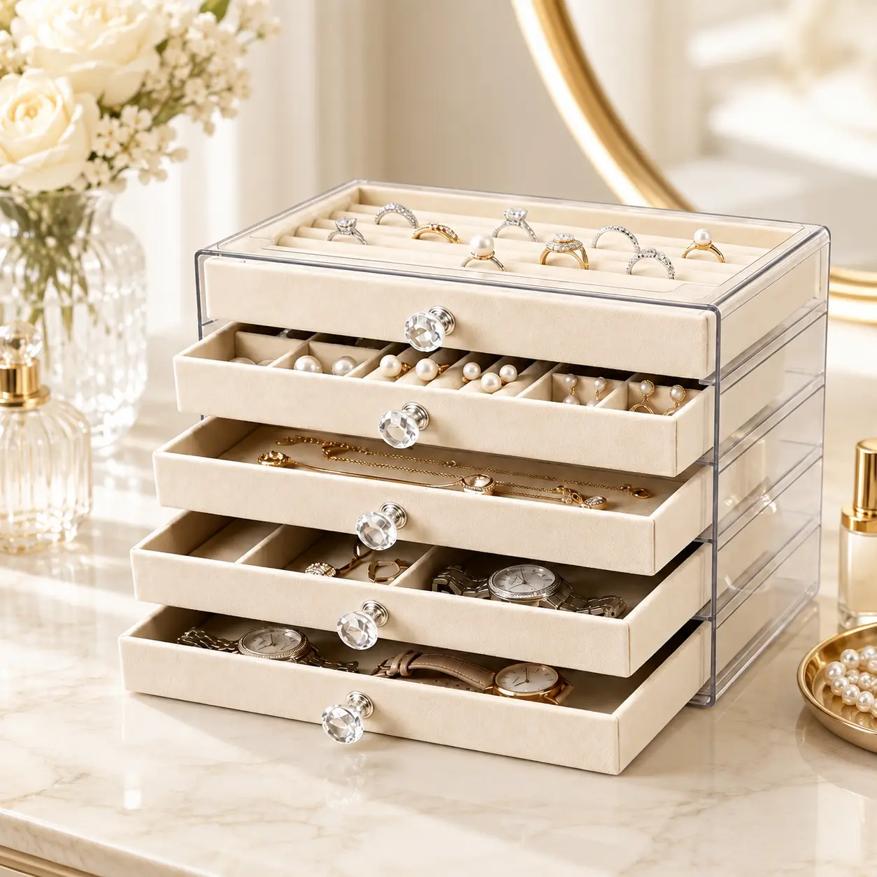 5 Drawer Acrylic Jewelry Organizer Box with Clear Lid, Velvet-Lined Storage Trays and Multi-Compartment Design for Rings, Earrings, Necklaces, Bracelets, Watches, Vanity and Dresser Organization