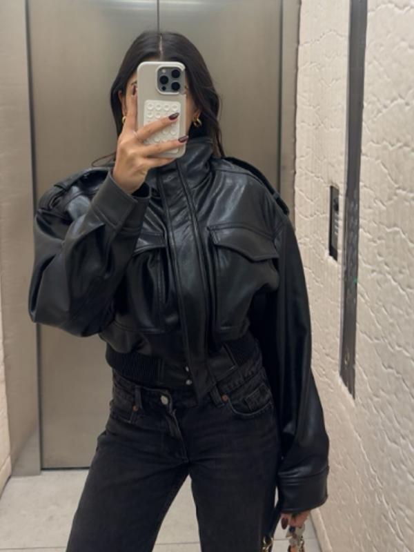 Women's Cropped Bomber Jacket Demi-Season Faux Leather Jacket Long Sleeve Green Black Jacket Women's Moto Biker Zipper Jacket Street Short Coat Aviator Jackets