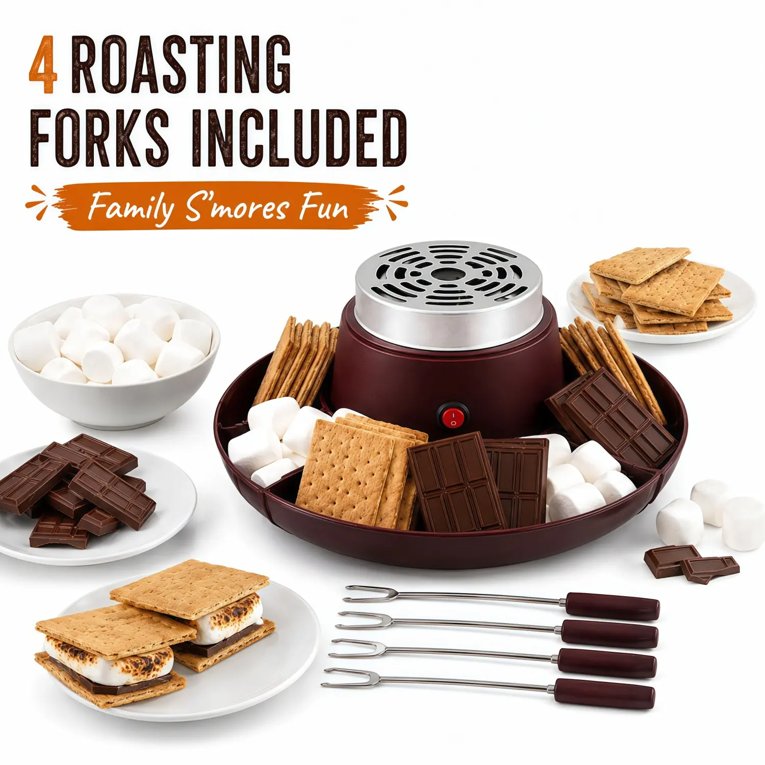 ONESHOW HOME Electric S'mores Maker Kit - BPA-Free, Durable, Easy-Clean, Flameless Indoor Marshmallow Roaster with 4 Roasting Forks and 3-Compartment Serving Trays for Family Nights, Camping Theme Fun