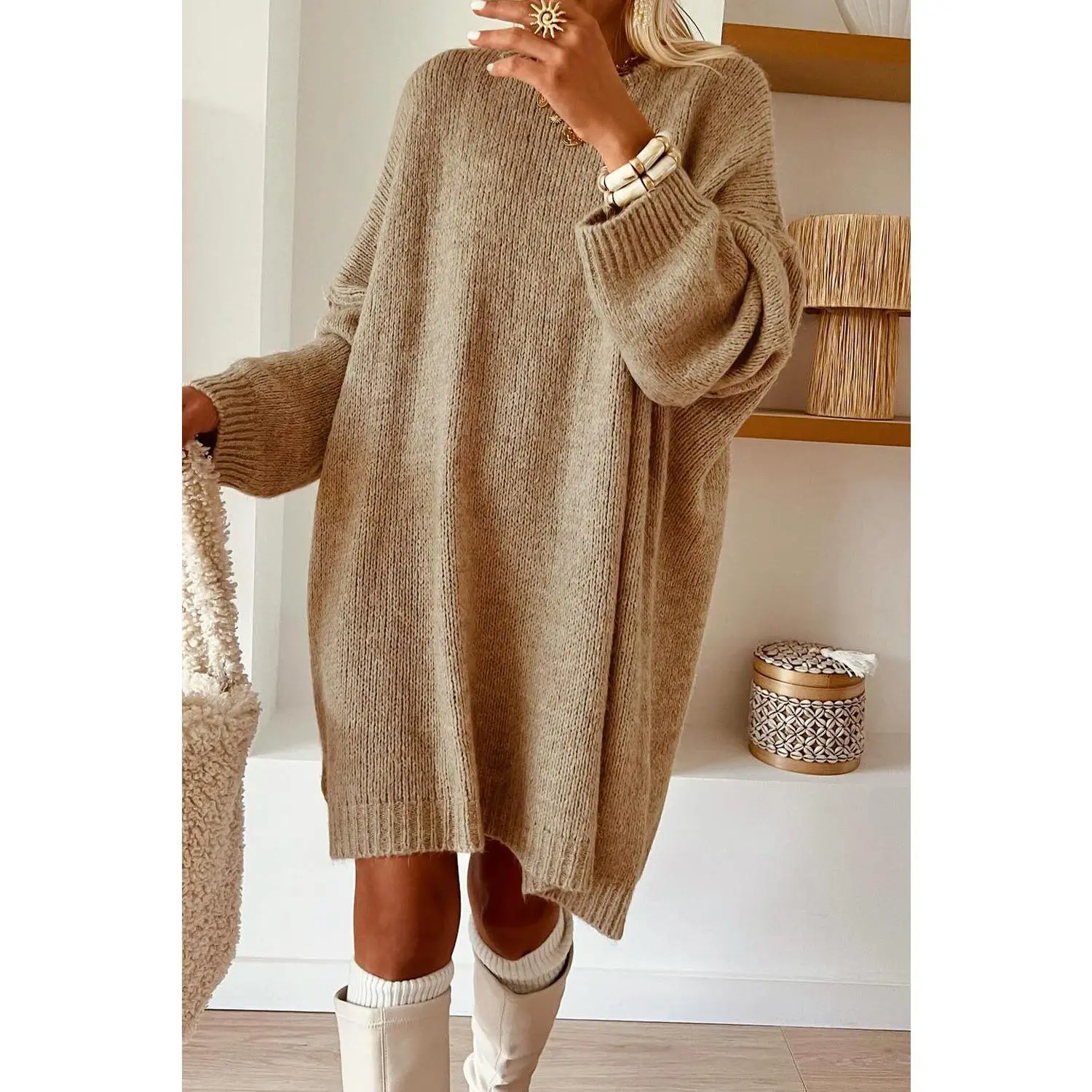 Women Khaki Oversize Slouchy Sweater Dress - TikTok Shop