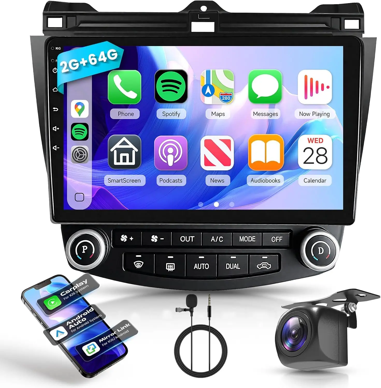 for Honda Accord 7th 2003 2004 2005 2006 2007 Android Car Stereo with Wireless Carplay/Android Auto 10.1" Touchscreen Autoradio Support WiFi GPS Navigation Backup Camera SWC FM/RDS Radio 2G+64G