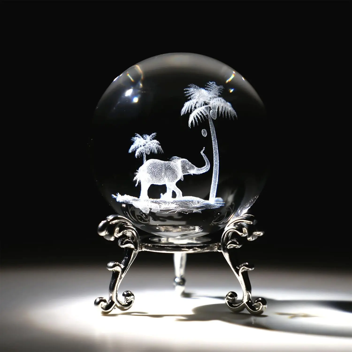 60mm (2.5in) Handmade Crystal Glass Elephant Paperweight - 3D Laser Engraved Tropical Elephant with Coconut Tree Scene, Metal Stand, Exquisite Gift Box, Indoor Recreation Feng Shui Desktop Ornament, Decoration, Christmas, Animals, One-Piece