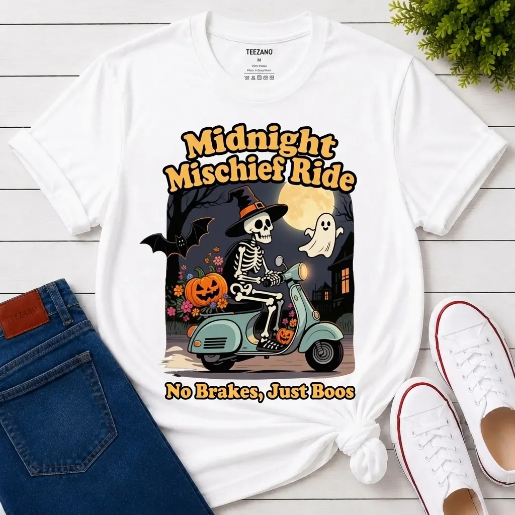 Skeleton Scooter T-Shirt Funny Halloween Graphic Vintage Style Unisex Gift