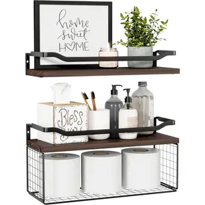 Floating Shelves with Wire Storage Basket, Bathroom Shelves Over Toilet with Protective Metal Guardrail, Wood Wall Shelves for Bathroom, Bedroom, Living Room, Toilet Paper- Dark Brown Organiser Racks Shelf Wooden