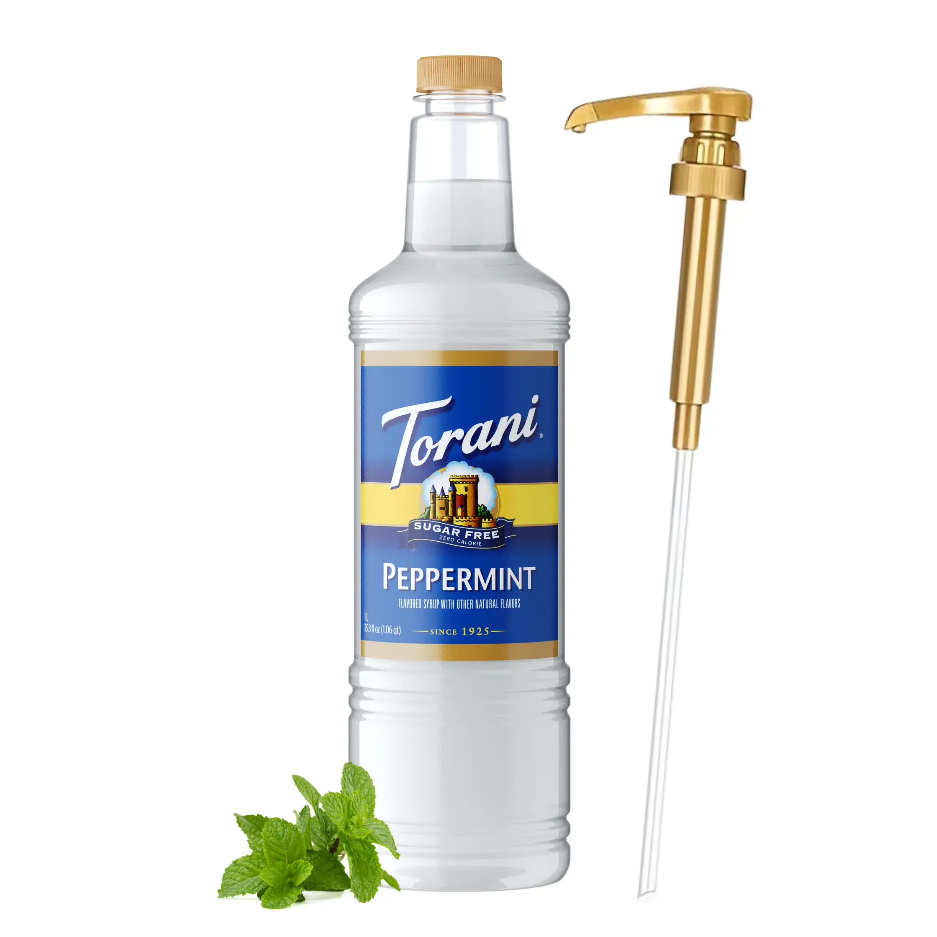 Torani Sugar Free Peppermint Syrup - 1L Bottle with Pump Dispenser, 0 Sugar, 0 Calories, Keto Friendly, Gluten-Free, Natural Mint Flavor for Coffee, Beverages, Holiday Drinks