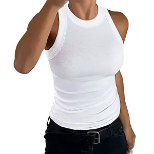 Womens Sleeveless Racerback High Neck Basic Ribbed Knit Fitted Tank Top Black Womenswear Vests