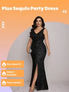 [Plus Size] Glitter Sequins Deep V Neck Formal Evening Dress Fit, Elegant Long Sleeve Maxi Dress for Party Banquet, Women's Clothes Womenswear for Summer