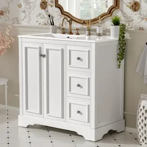 36'' transitional bathroom vanity with ceramic sink – features 2 soft-close doors, an adjustable U-shaped shelf, 3 drawers (including one with divider), painted finish, and ample storage space