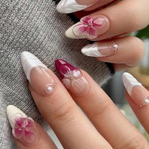 24pcs French Manicure Set, French Nail Art, Almond Shape Nails, Glossy Finish, Pearl Flower Design, Perfect for Women and Girls