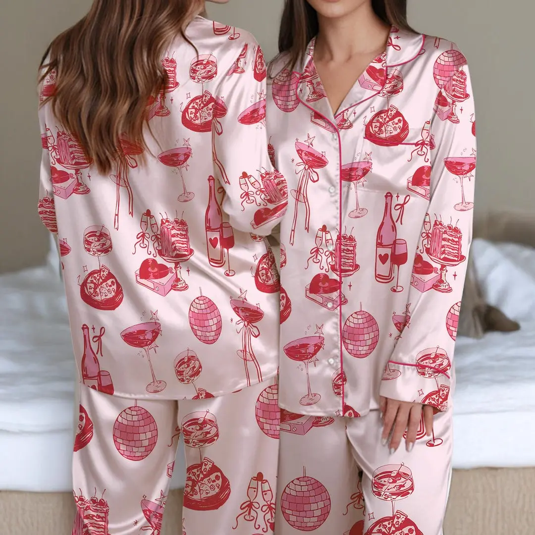 Cocktail Girl Social Club Satin Pajamas Set, Cute Girly Party Pajamas Set, Disco Ball Margarita, Cocktail Bow Loungewear
