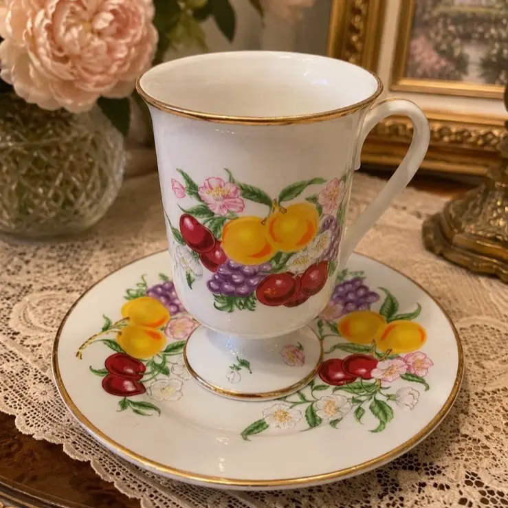 Lenox Orchard Footed Fruit Motif Porcelain Demitasse Cup & Saucer with Gold Trim