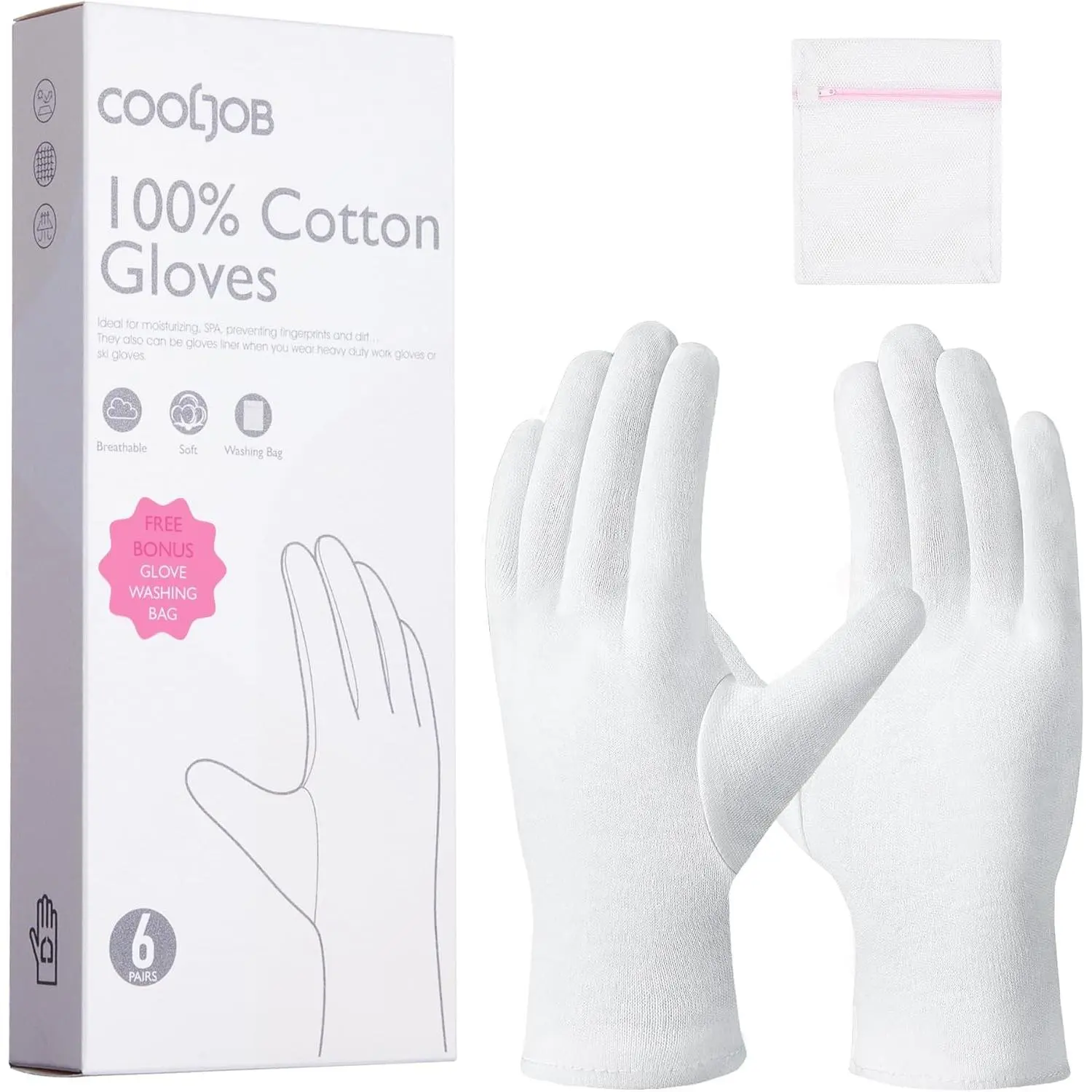 6 Pairs 100% Cotton Gloves for Dry Hands Moisturizing & Eczema, Overnight Lotion, Sleep & Spa Treatment for Women & Men, Breathable Work Glove Liners, White, Small
