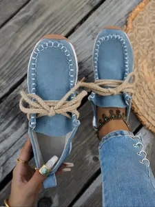 Boho Style Women's Lace-Up Vintage Thick Sole Flats, Soft Rubber Sole Casual Loafers, Breathable Lightweight Design, All-Season Wear, Flatform